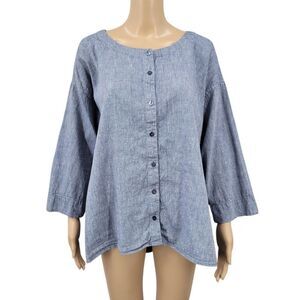 Eileen Fisher Linen Organic Cotton Women's Blue Button Up Top Blouse Shirt